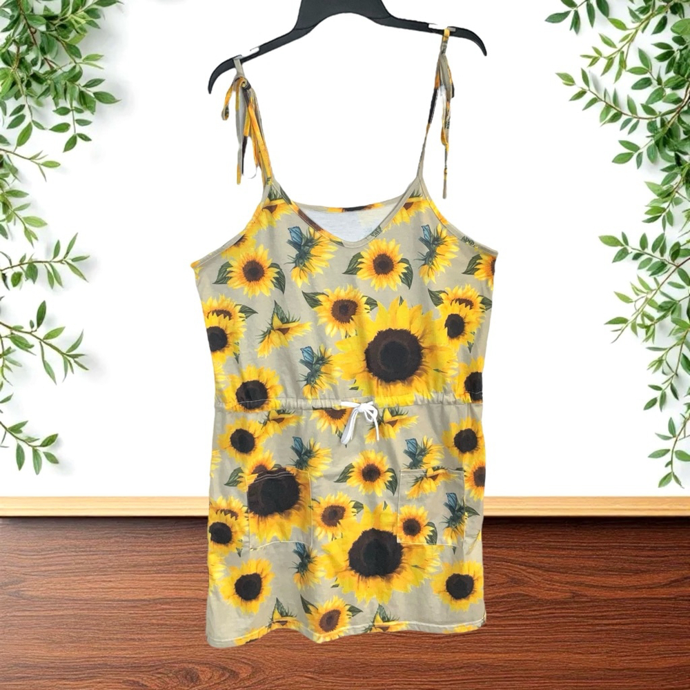 Unbranded Sunflowers Spaghetti Strap Tie Dress Drawstring Waist Women XL